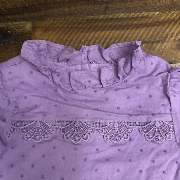Janie and Jack Girl Swiss Dot Puff Sleeve Top Purple Pegasus Size 5 Ruffles Lace - Picture 3 of 7